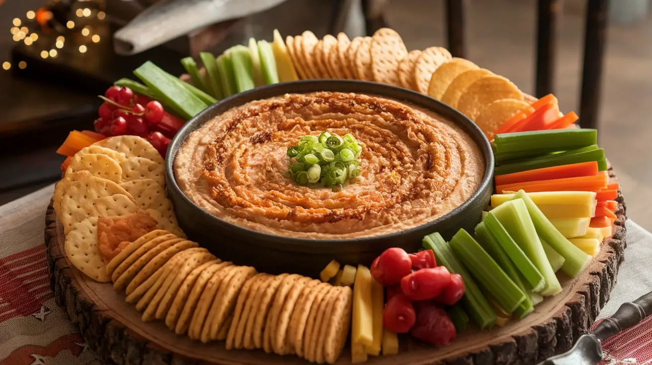 Creamy Maple Bourbon Onion Dip in a baking dish, garnished with green onions, served with vegetable sticks and chips.