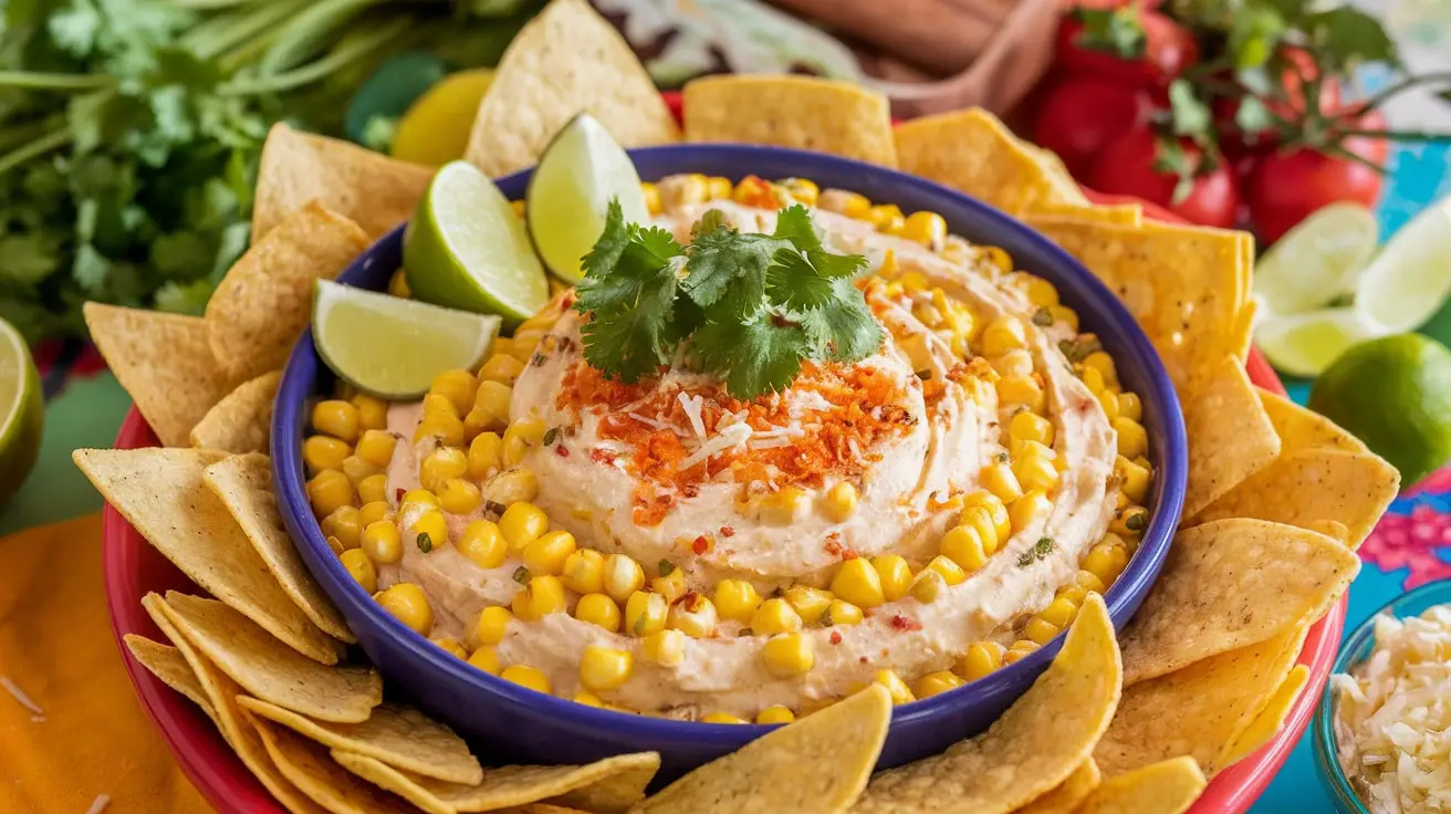 A bowl of Mexican Street Corn Dip (Elote Dip) with tortilla chips, garnished with cilantro and lime.