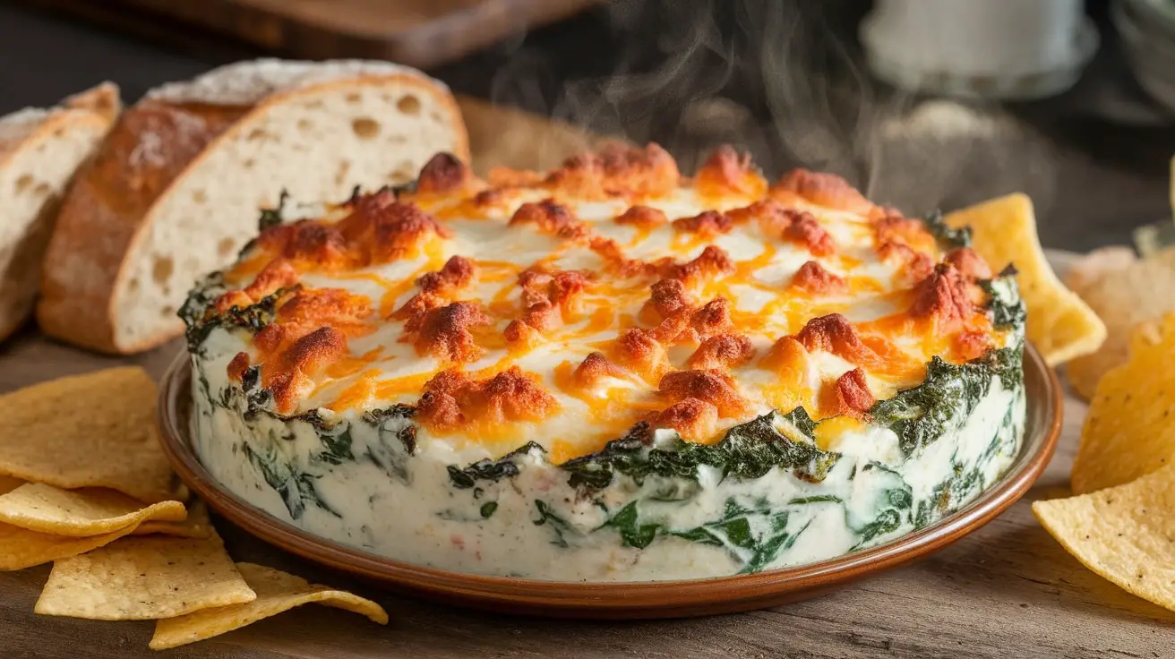 Creamy Parmesan Kale and Spinach Bake Dip in a baking dish, garnished with cheese, served with baguette slices and chips.