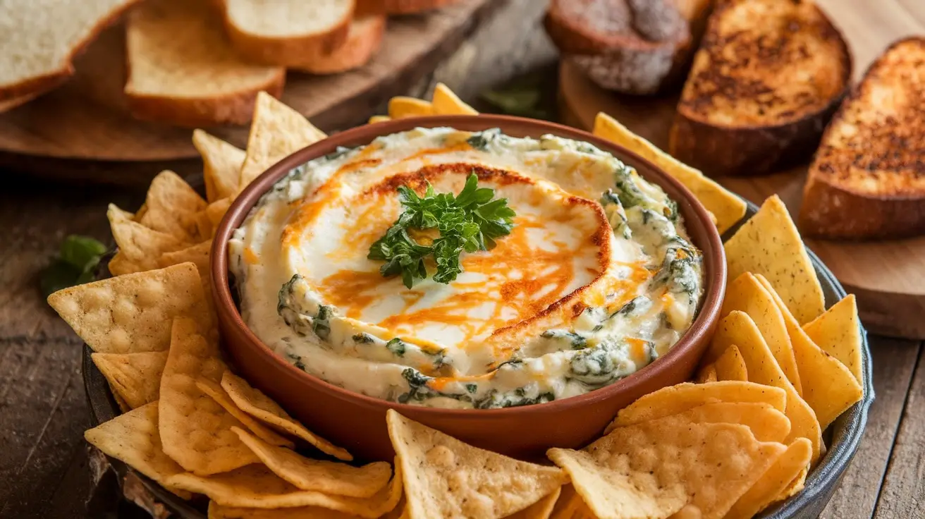 A delicious bowl of creamy Parmesan Spinach Alfredo Dip, garnished with parsley, served with tortilla chips and bread.