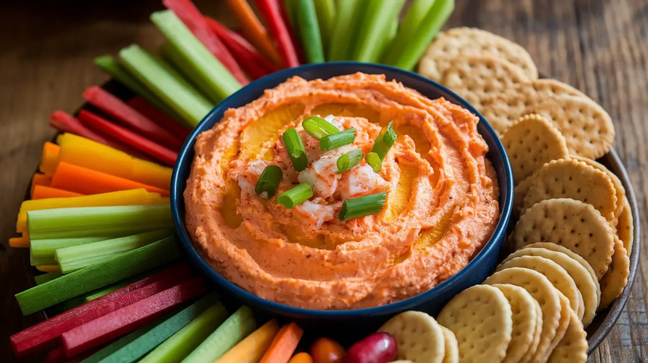 Pimento Cheese and Crab Dip in a bowl with vegetable sticks and crackers on a rustic table.