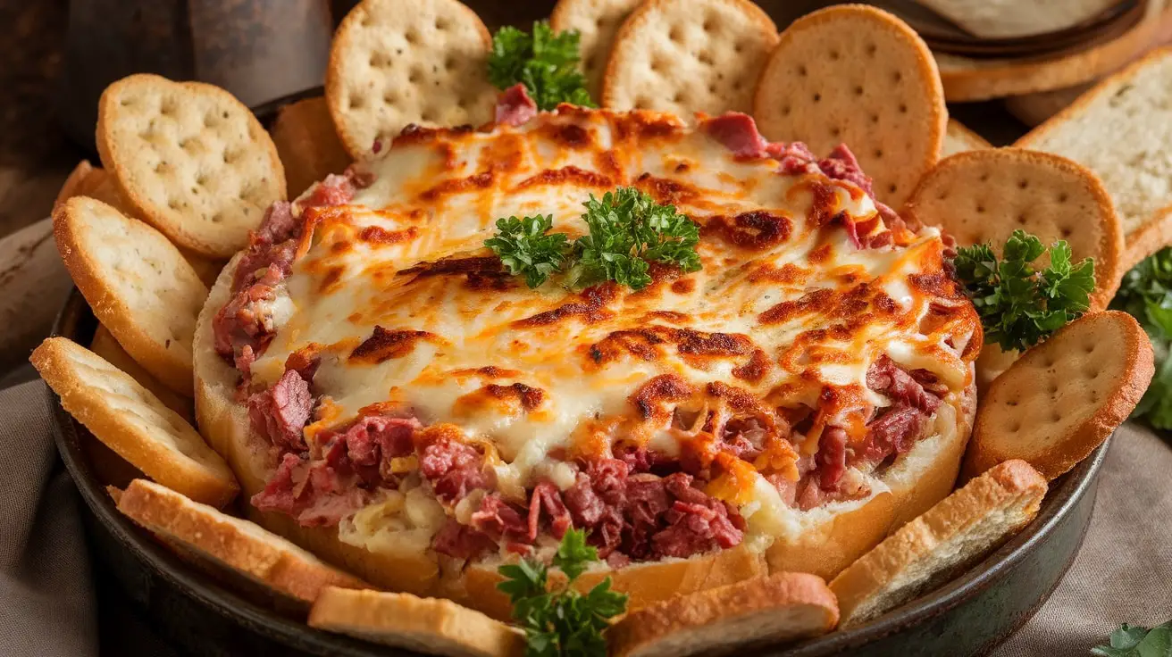 Creamy Reuben Sandwich Dip with crackers and toasted bread, garnished with parsley in a rustic dish.