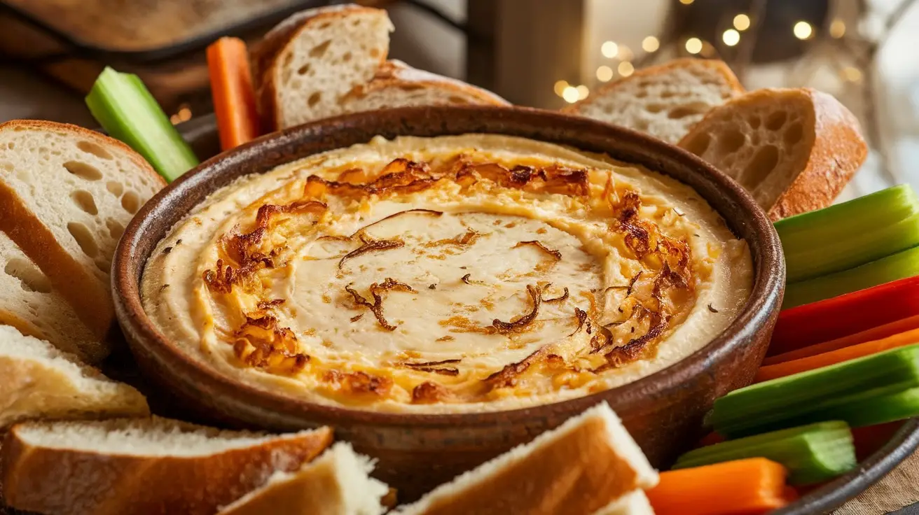 A creamy roasted garlic and brie dip in a rustic bowl, served with crusty bread and vegetable sticks.