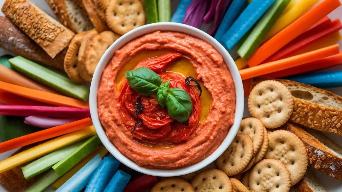 A bowl of roasted tomato and basil dip with fresh basil, surrounded by vegetable sticks and crackers.