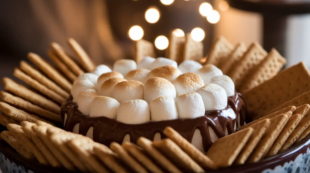 A delicious bowl of S’mores Dip with melted chocolate and toasted marshmallows, surrounded by graham crackers.