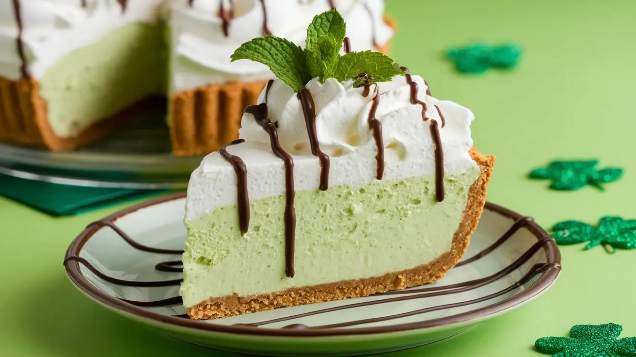 A delicious Shamrock Shake Pie slice on a plate with mint filling, whipped cream, and chocolate sauce.