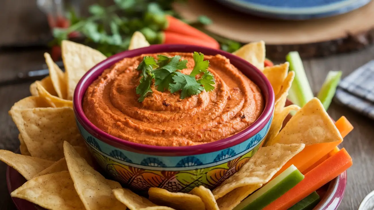 A bowl of smoky chipotle dip with tortilla chips and fresh veggies on a rustic table.