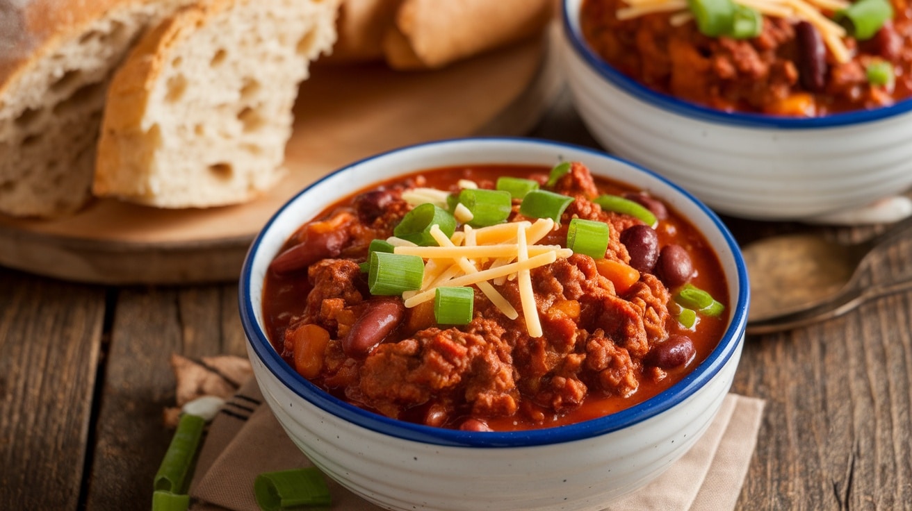 A rustic bowl of Southern style chili with ground beef, beans, and garnished with green onions, served with bread.