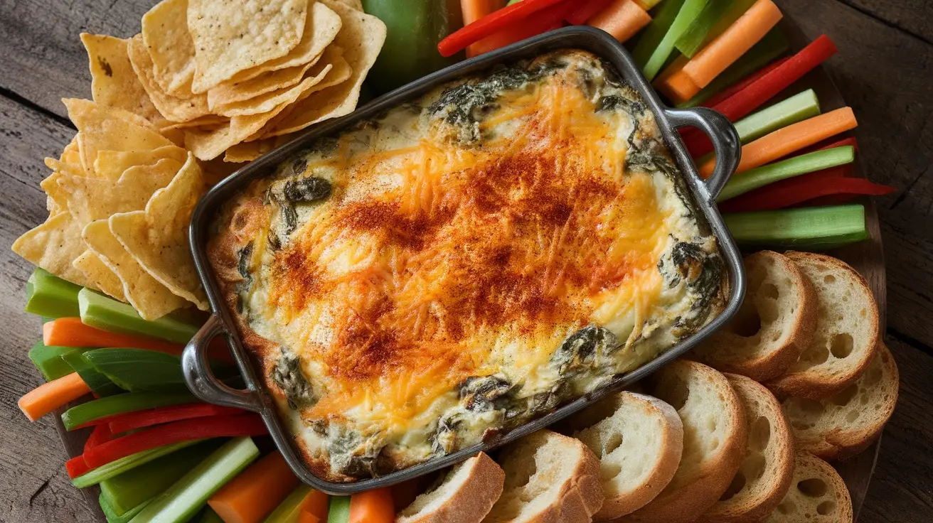 Creamy spinach artichoke dip served with tortilla chips and vegetable sticks on a wooden table.