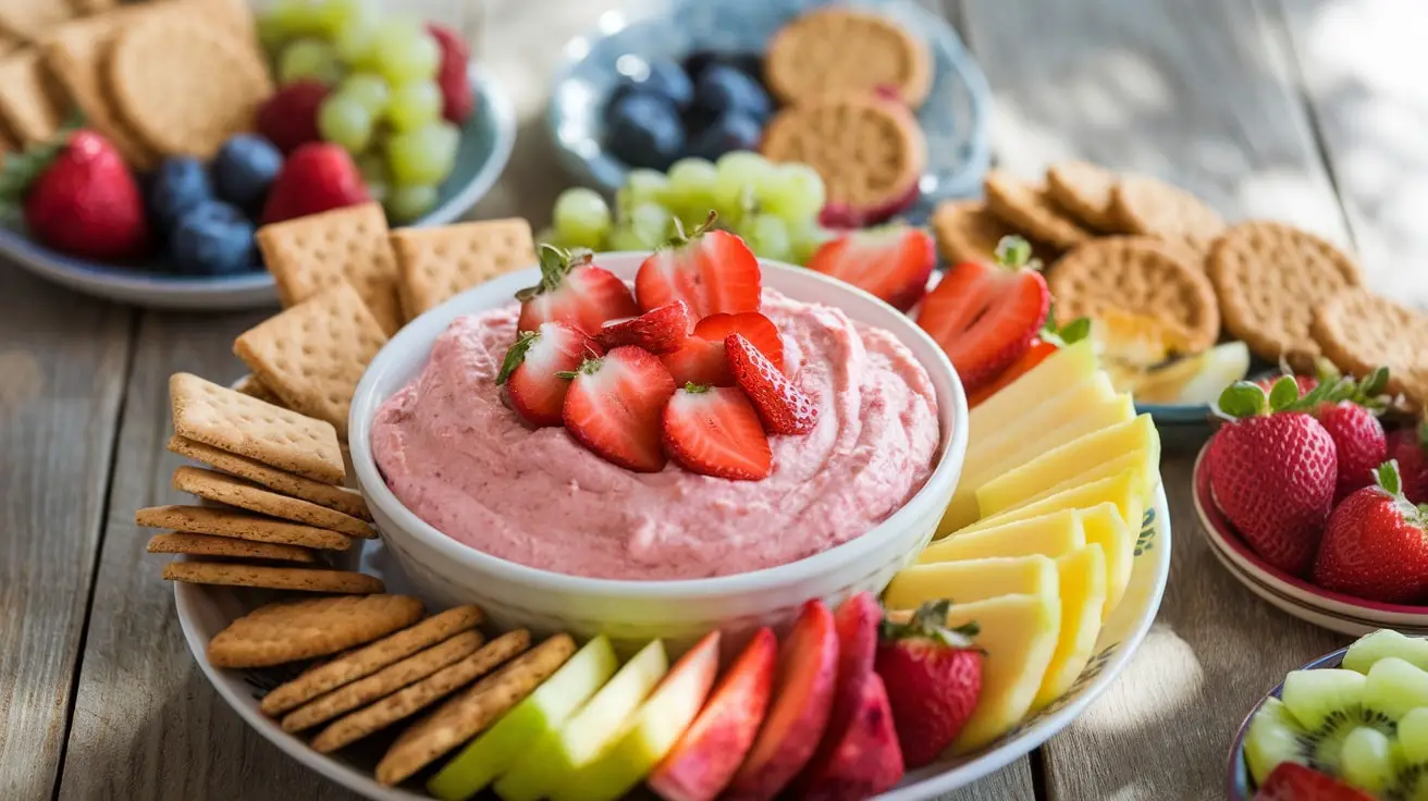 A bowl of strawberry cheesecake dip garnished with strawberries, surrounded by graham crackers and fruit, on a wooden table.