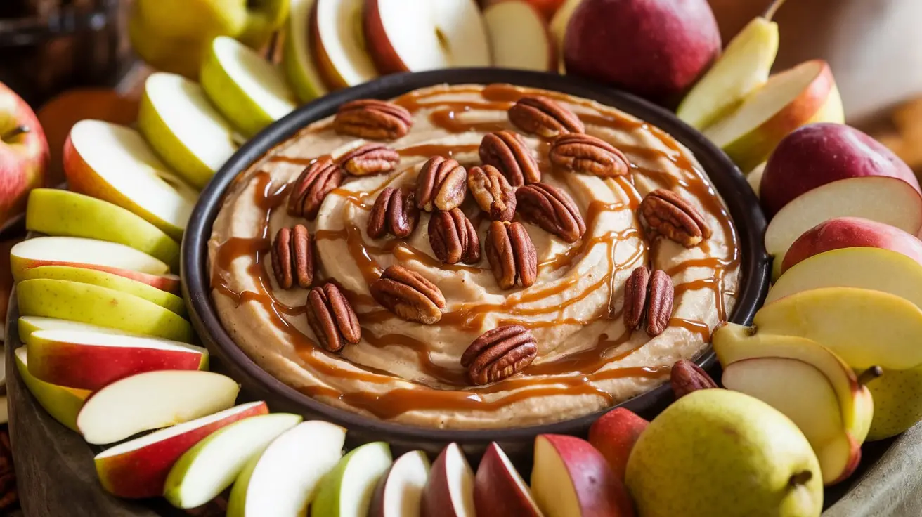 A bowl of Bourbon Pecan Caramel Dip topped with pecans, surrounded by apple and pear slices.