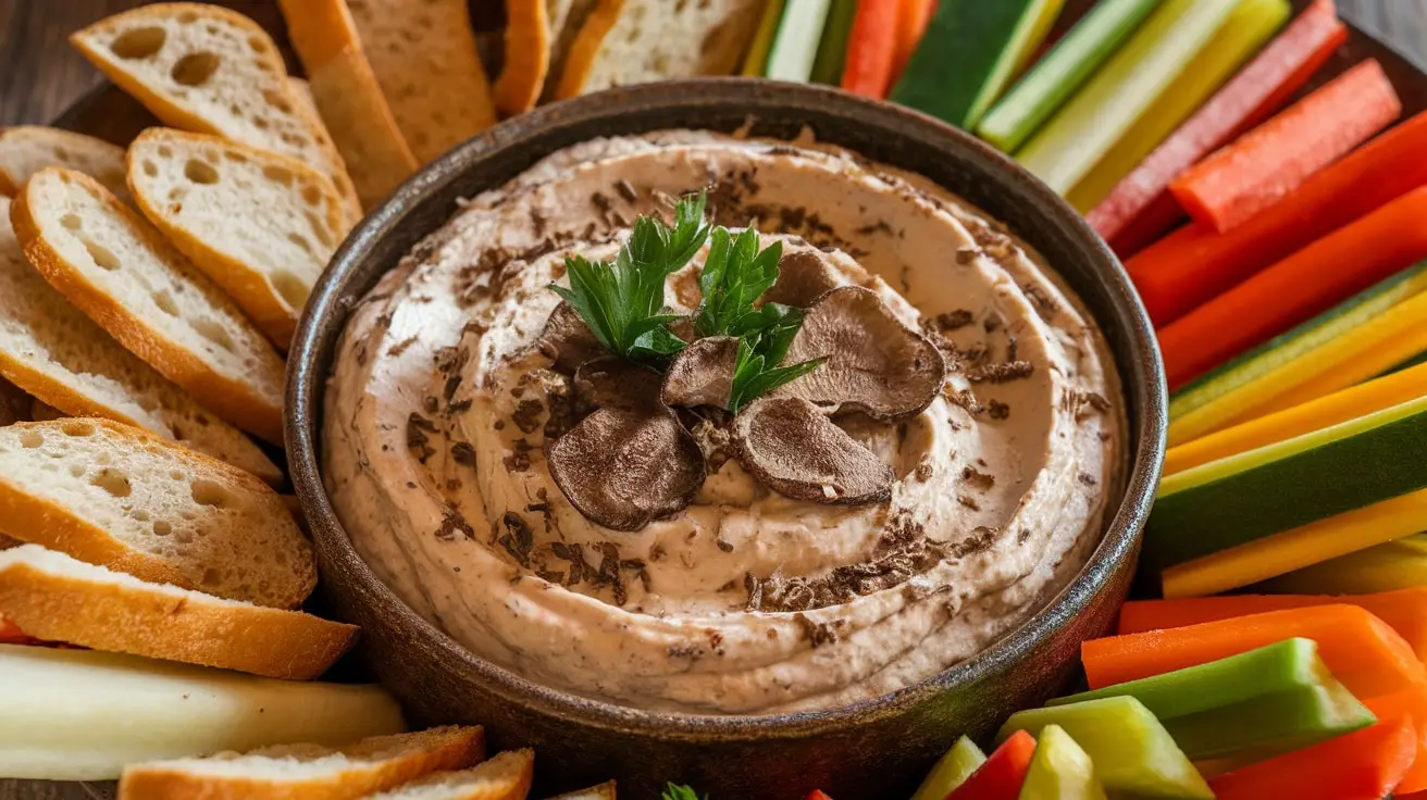 A bowl of truffled mushroom dip with parsley, accompanied by bread and vegetable dippers.