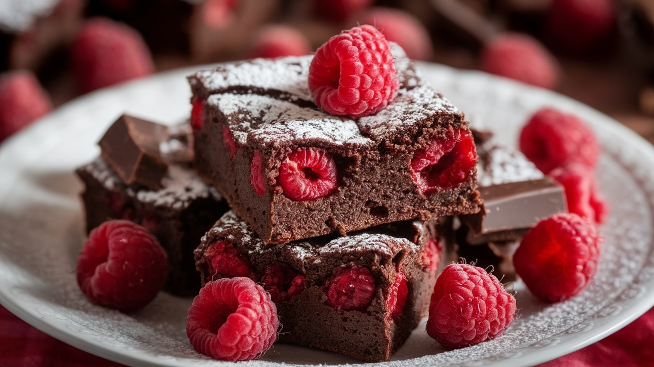 Decadent chocolate brownies with raspberries on a plate, garnished with powdered sugar.