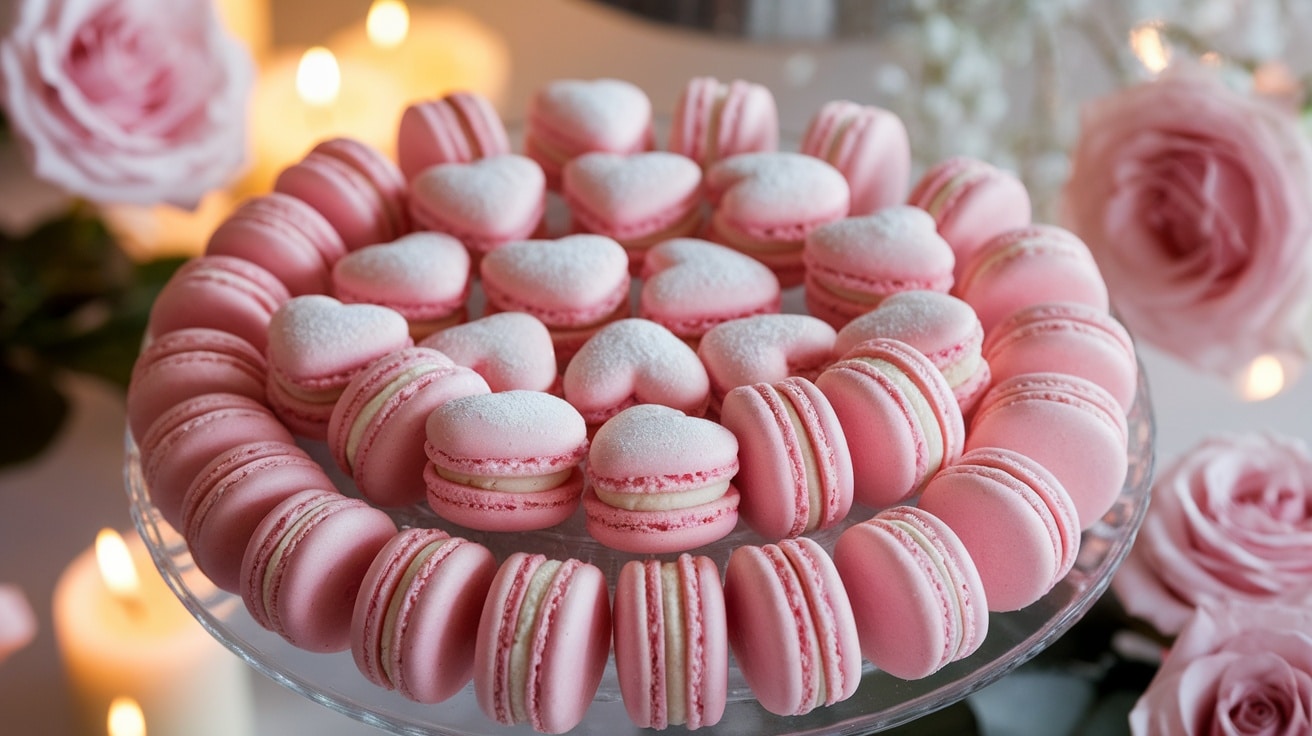 A platter of heart-shaped pink champagne macarons, perfect for Valentine