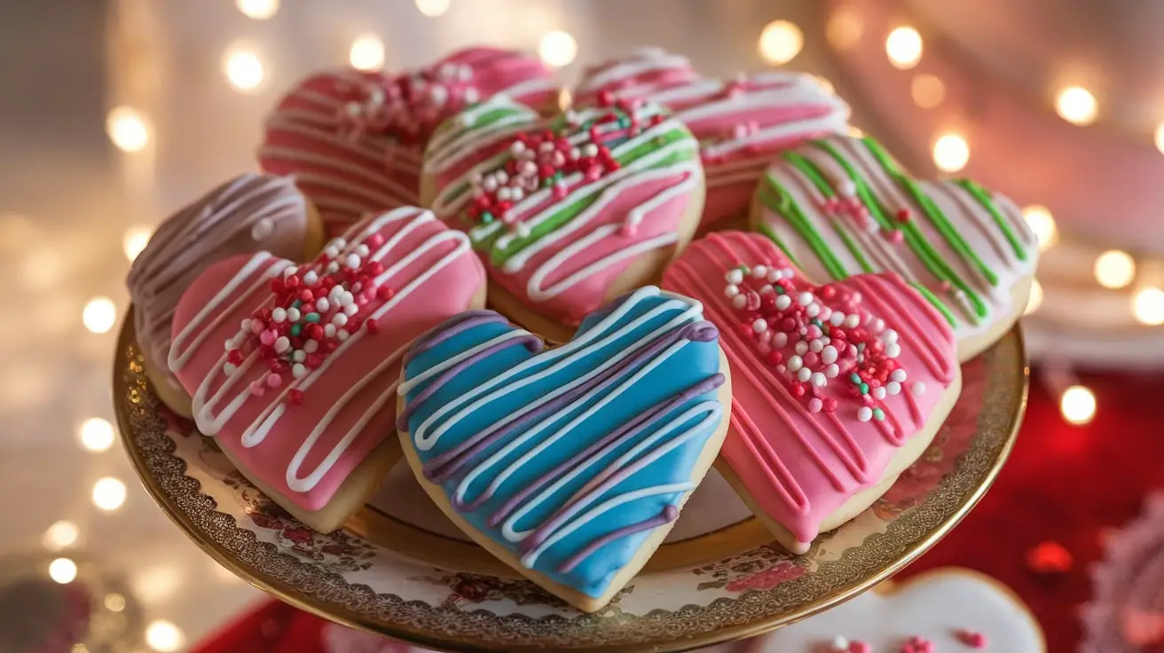 Colorful Candy-Coated Sweetheart Cookies shaped like hearts, decorated with sprinkles on a festive plate.