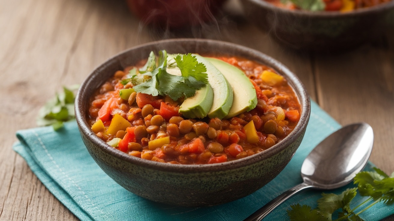 A bowl of vegan lentil chili with tomatoes, carrots, and bell peppers, garnished with cilantro and avocado on a rustic table.