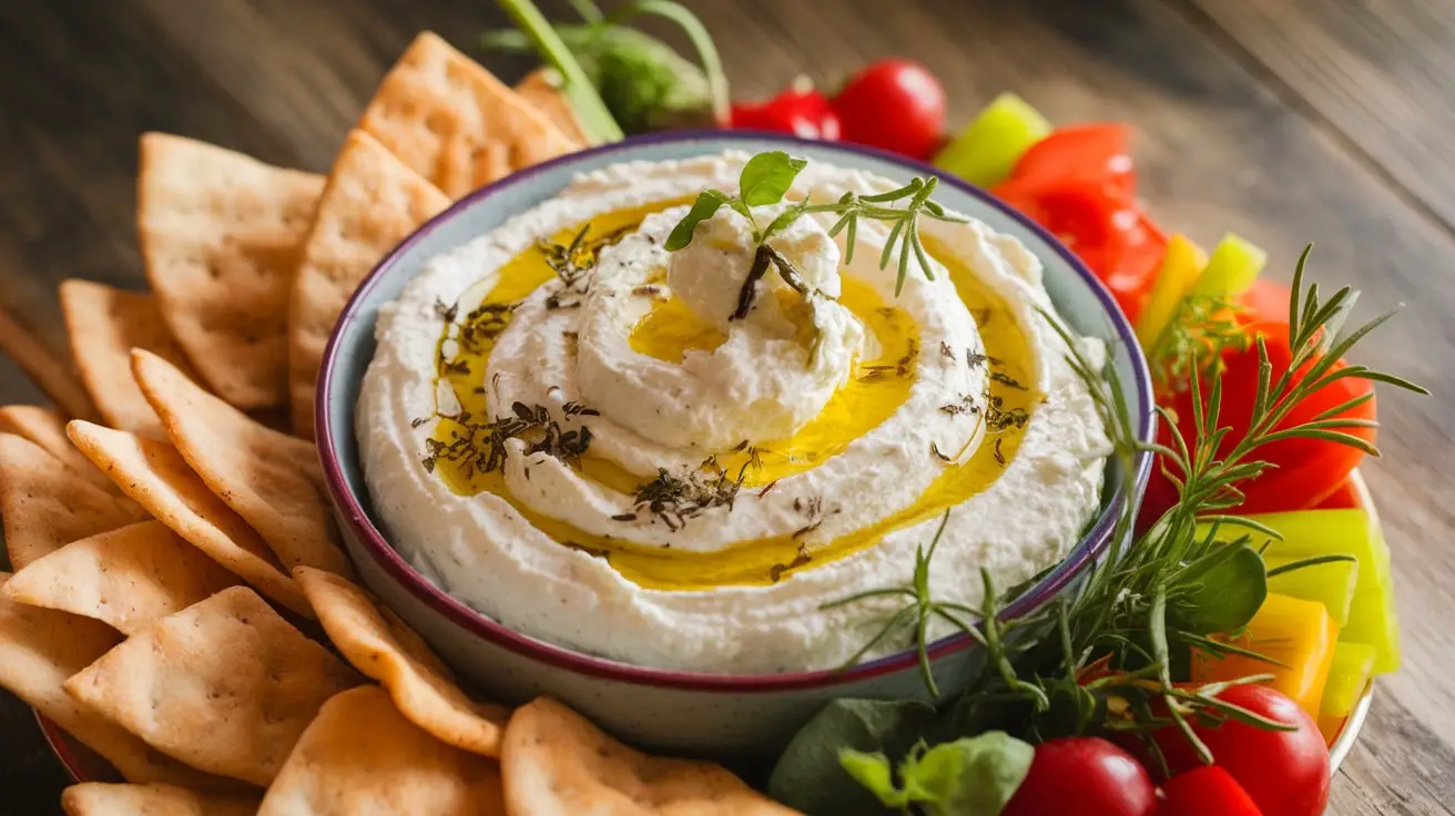 Creamy whipped feta dip with herbs in a bowl, served with fresh vegetables and pita chips on a wooden table.