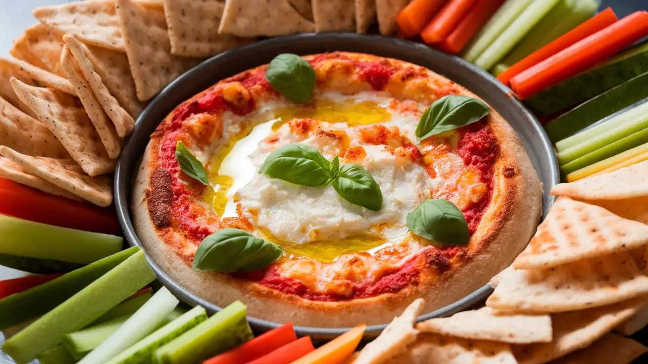 Cheesy white pizza dip served with pita chips and vegetables, garnished with basil.