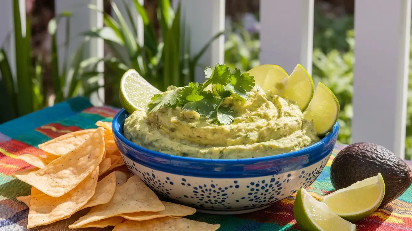 A bright green avocado dip garnished with lime and cilantro, surrounded by tortilla chips.