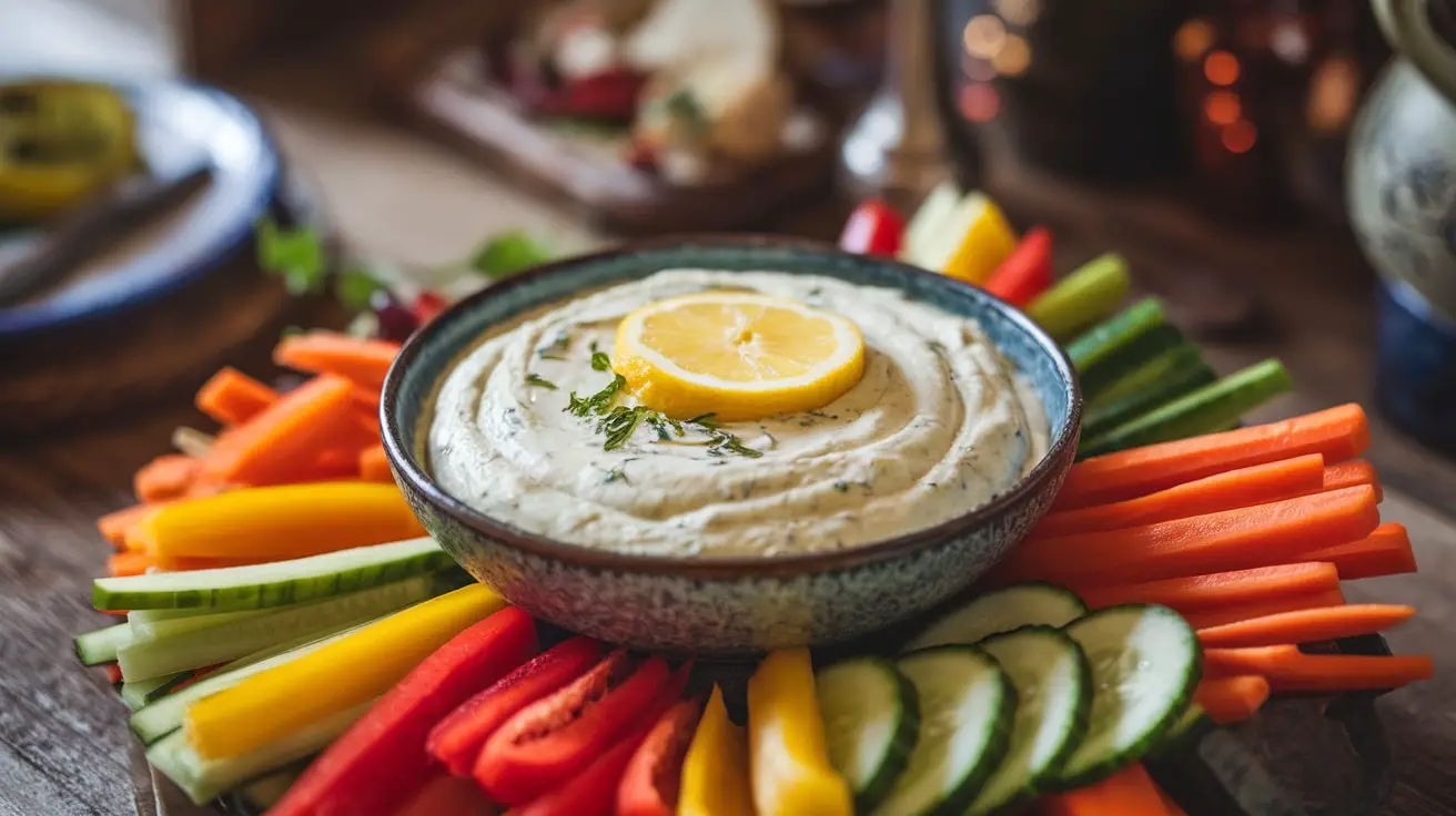 A colorful assortment of fresh vegetables with a bowl of creamy lemon herb dip in the center, garnished with lemon and herbs.