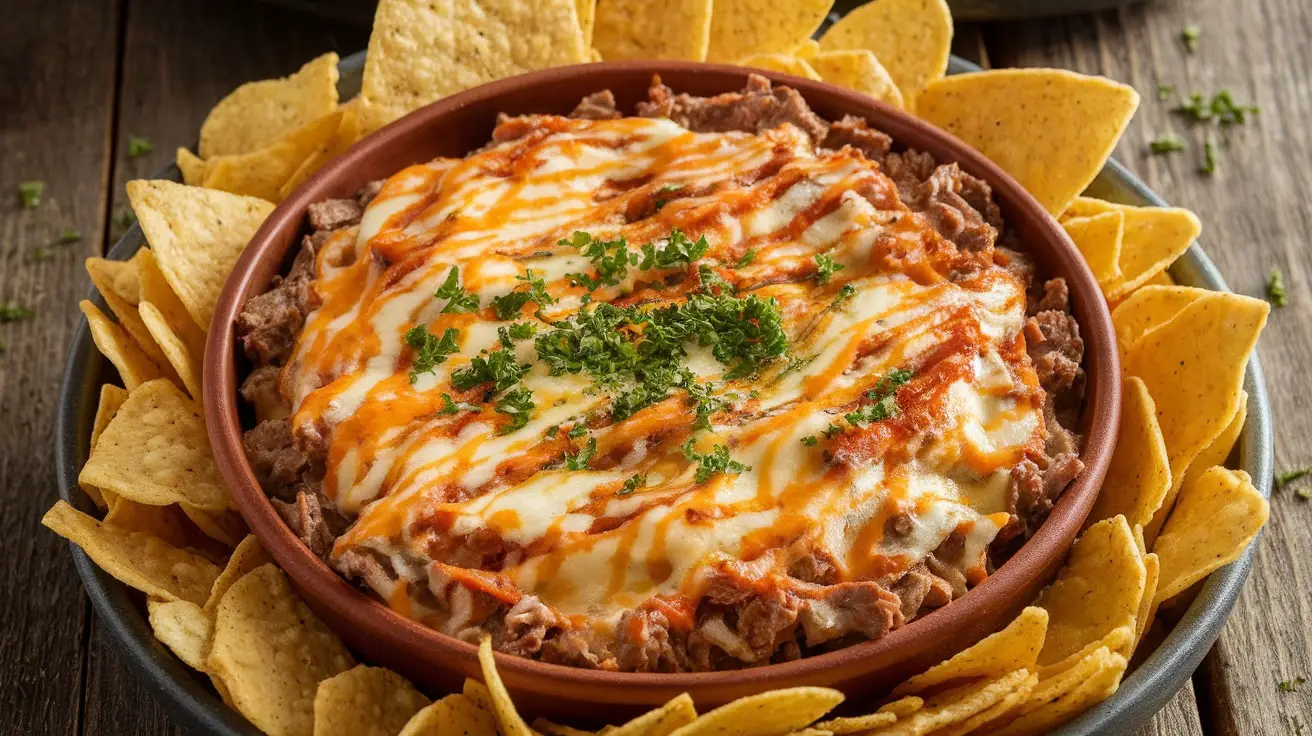 Creamy Philly Cheesesteak Dip with melted cheese and beef, served with tortilla chips.