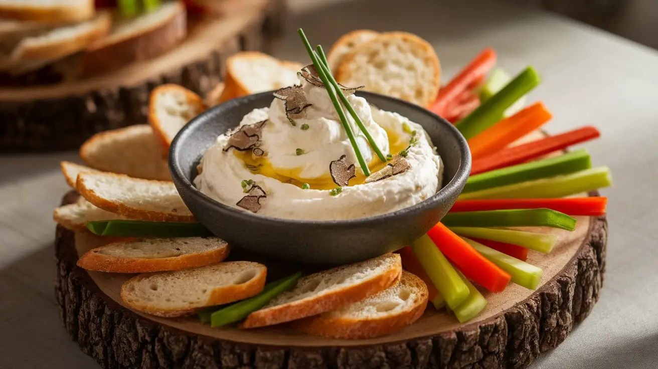 Whipped ricotta dip with truffle oil and chives, served with crostini and vegetable sticks on a wooden platter.