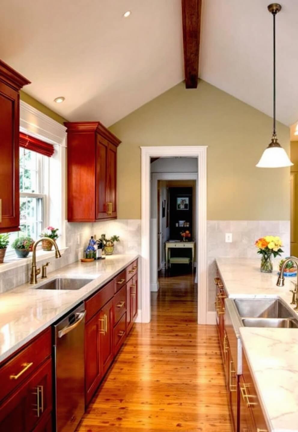 Transitional galley kitchen with cathedral ceiling, red oak cabinets, white trim, sage green accent wall, pendant lights over marble countertops, and brass hardware in moody evening lighting.