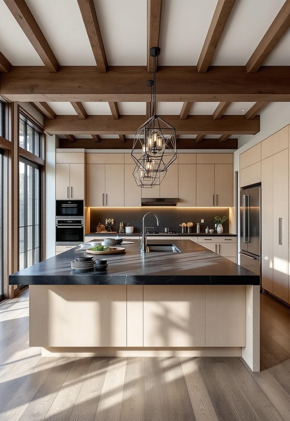 Spacious open-concept kitchen with exposed wooden beams, rift-cut white oak cabinets with invisible handles, a large center island with waterfall edges in dark soapstone, and geometric pendant lights.