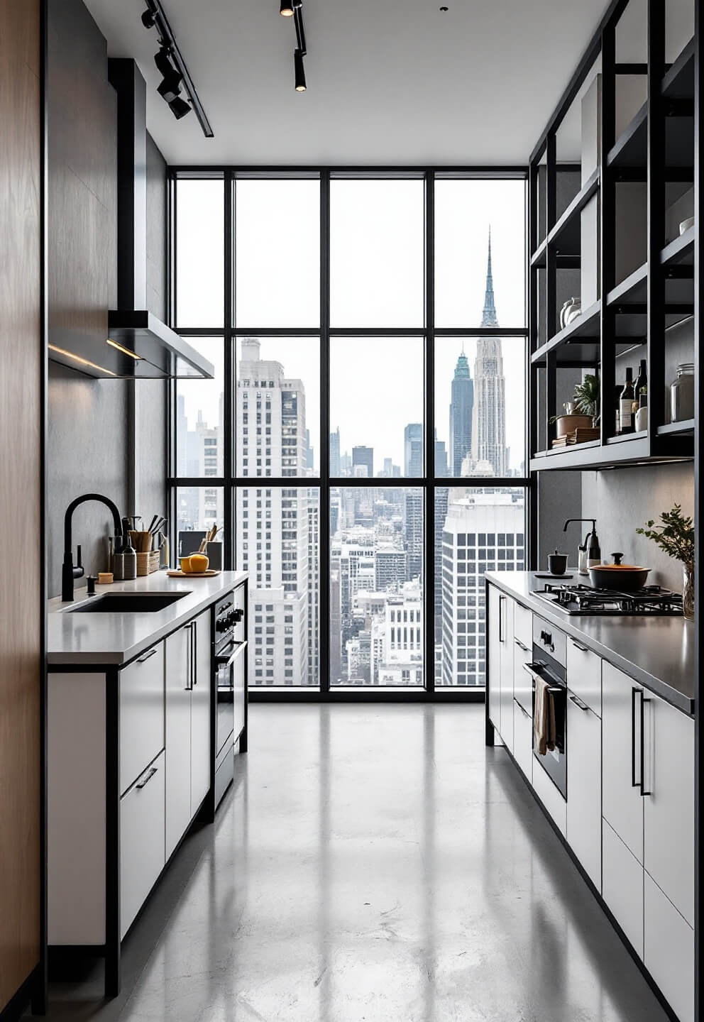 Modern industrial kitchen with white oak cabinets, black steel frames, open shelving, and matte fixtures, overlooking downtown cityscape through floor-to-ceiling windows.