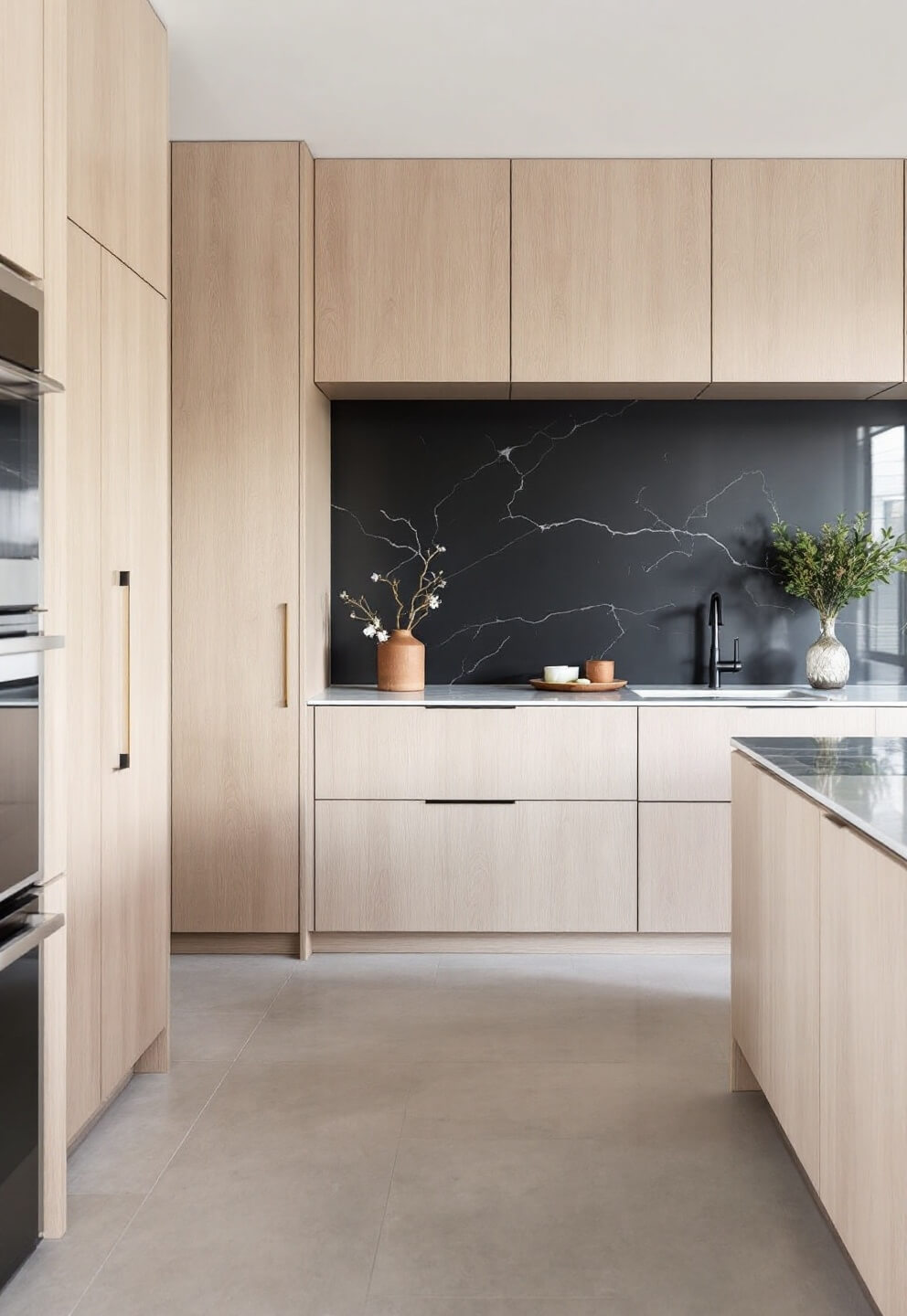 Minimalist kitchen with soaring windows, quarter-sawn white oak cabinets, marble backsplash, and a charcoal accent wall.