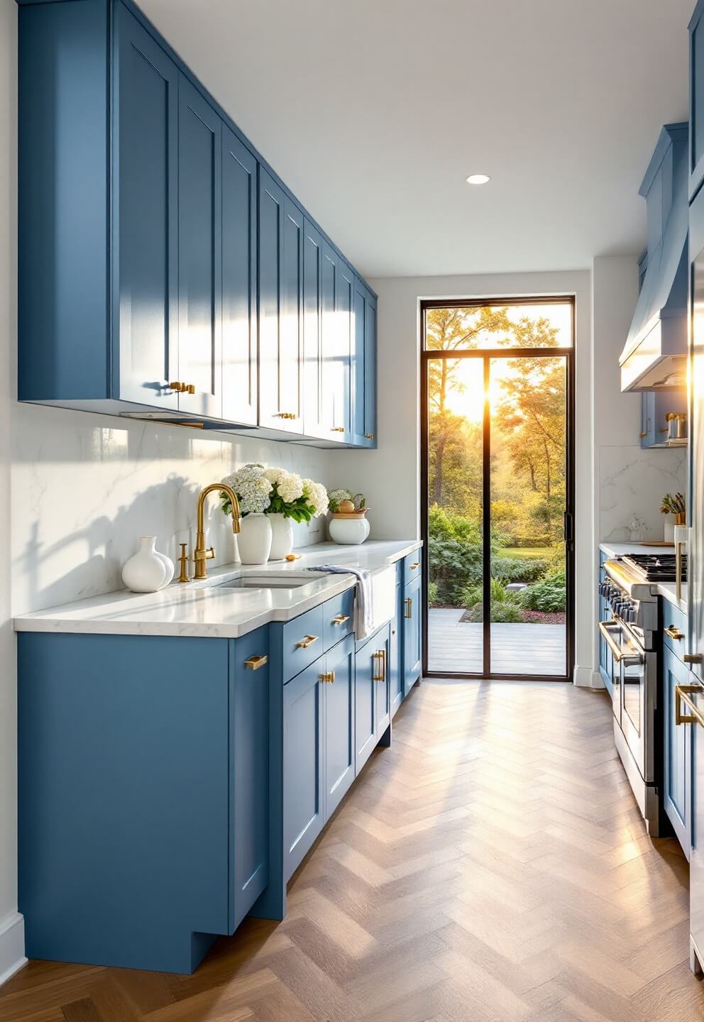 Sunlit modern kitchen with powder blue cabinets, quartz island, white oak herringbone floors, Carrara marble backsplash, chrome appliances, and decorated with white vases and fresh hydrangeas.