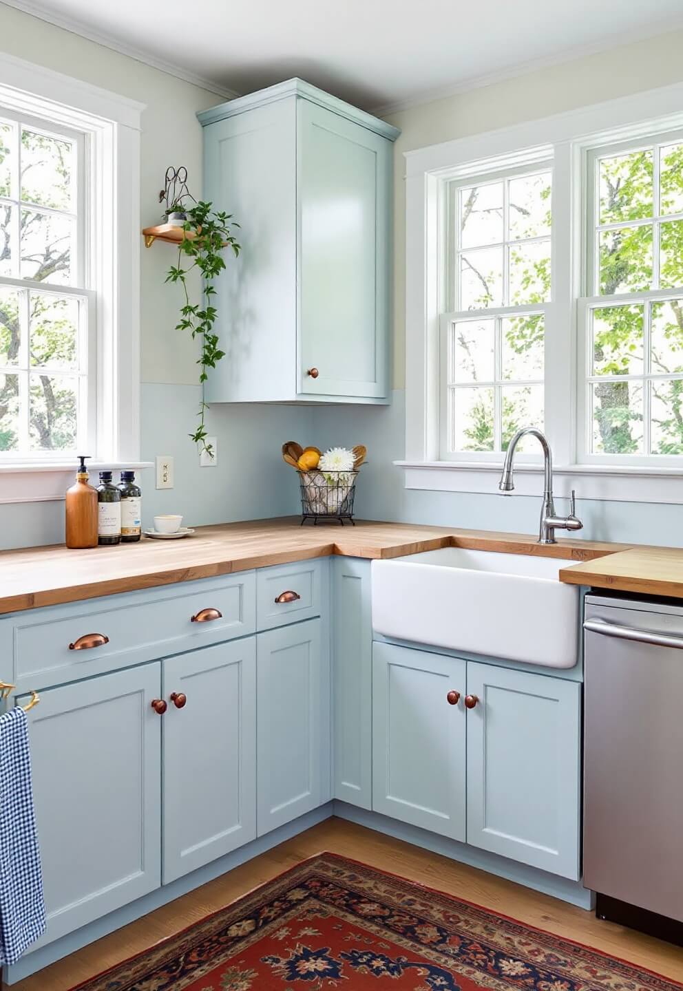 Traditional farmhouse kitchen with powder blue shaker cabinets, butcher block counters, antique rug, and white ceramic sink in morning light