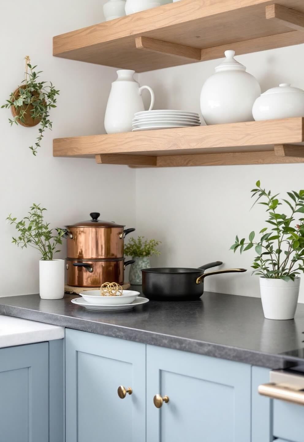 Close-up shot of a powder blue kitchen corner with natural oak shelving, brass hardware, white pottery, and copper cookware in morning light