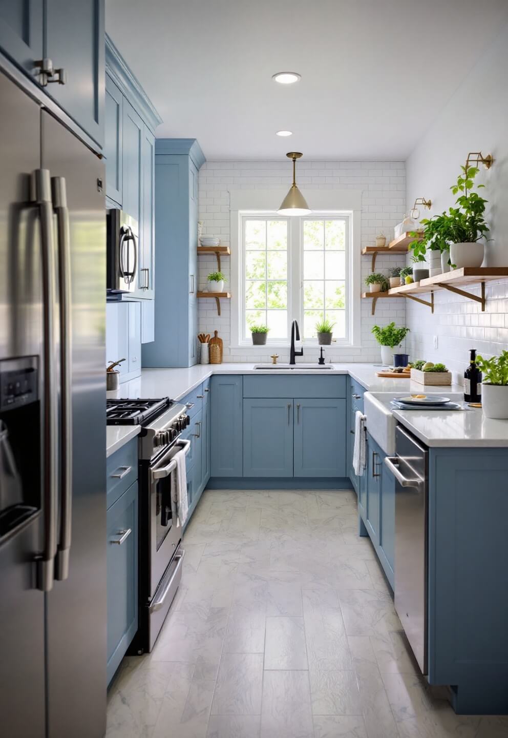 Transitional galley kitchen with powder blue cabinets and white subway tile backsplash, highlighted by overhead and under-cabinet LED lighting; potted herbs and marble lazy Susan as accents