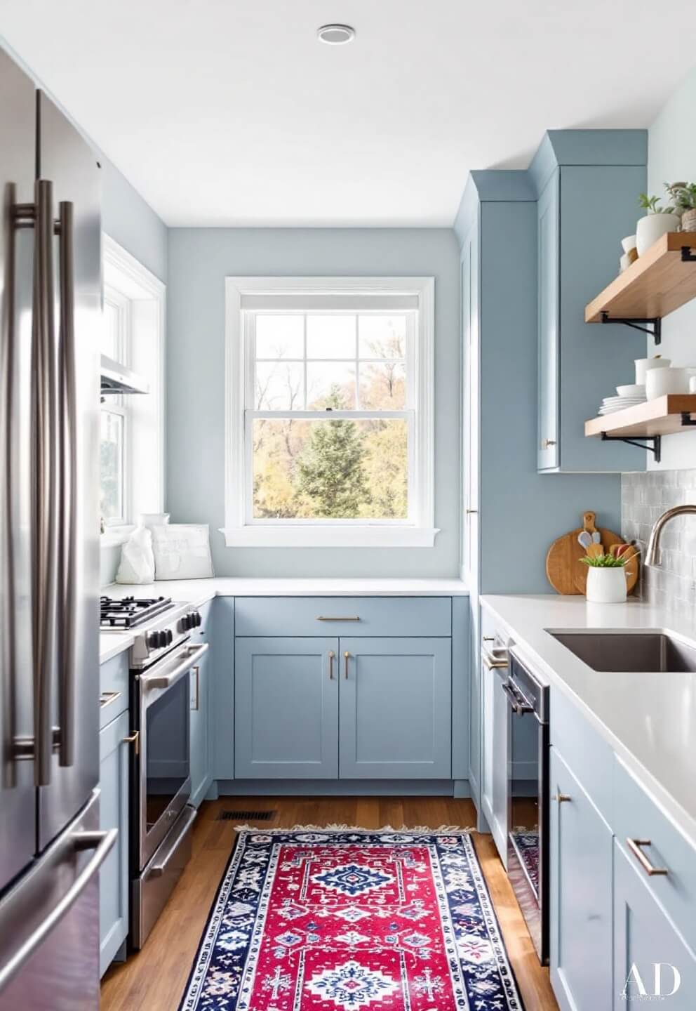 Powder blue kitchen nook bathed in early morning light, featuring floor-to-ceiling cabinets with integrated appliances, white quartz counters, mirrored backsplash, and white ceramics on floating shelves