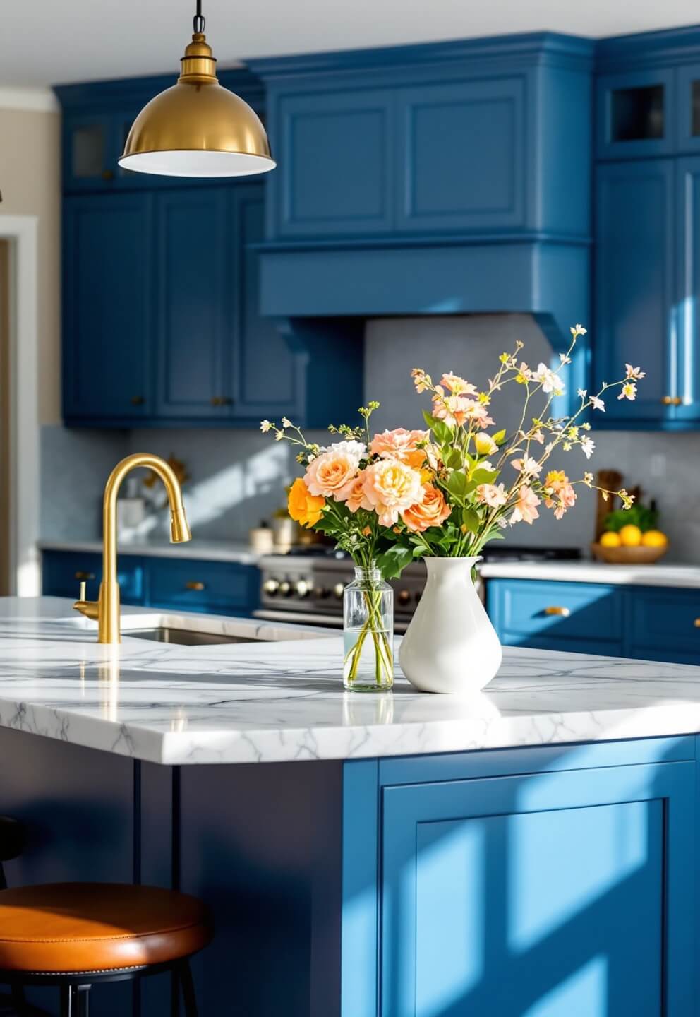 Luxurious powder blue kitchen island with marble waterfall edges, brass foot rail and leather barstools, under pendant lighting in afternoon natural light, shot at a 45-degree angle