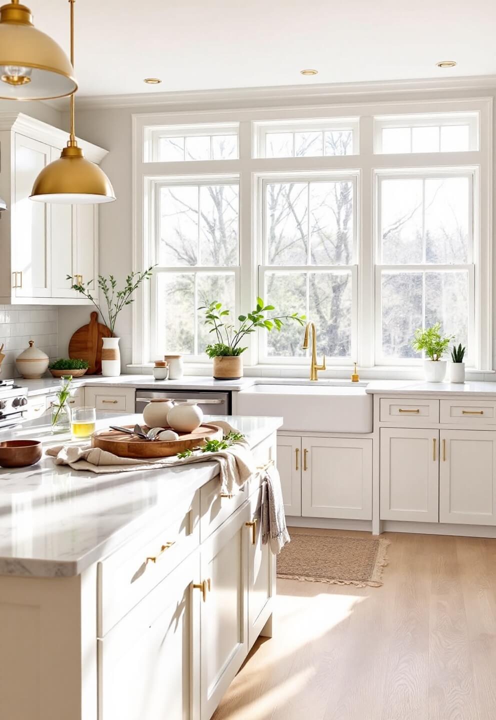 Contemporary kitchen with Benjamin Moore Winter Snow cabinets, quartz waterfall island, minimalist brass hardware, white oak flooring, bathed in morning light streaming from large east-facing windows, garnished with ceramics, fresh herbs, and natural linens.