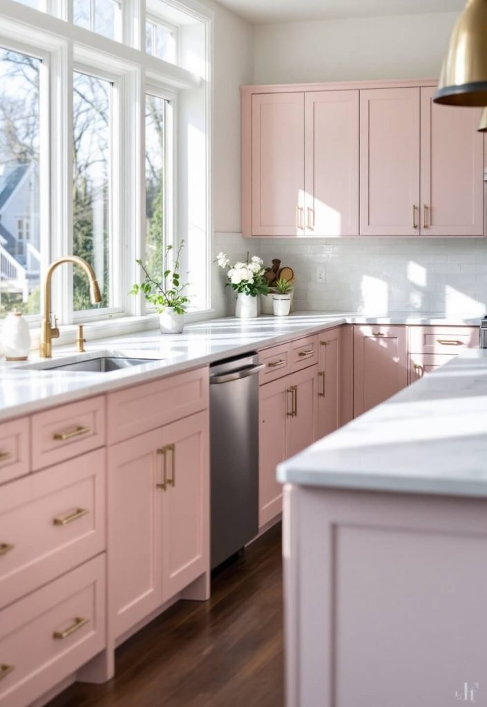 "Modern kitchen with morning light, blush pink cabinets, white Carrara marble countertops, and a large island, captured at a low angle with depth emphasis."