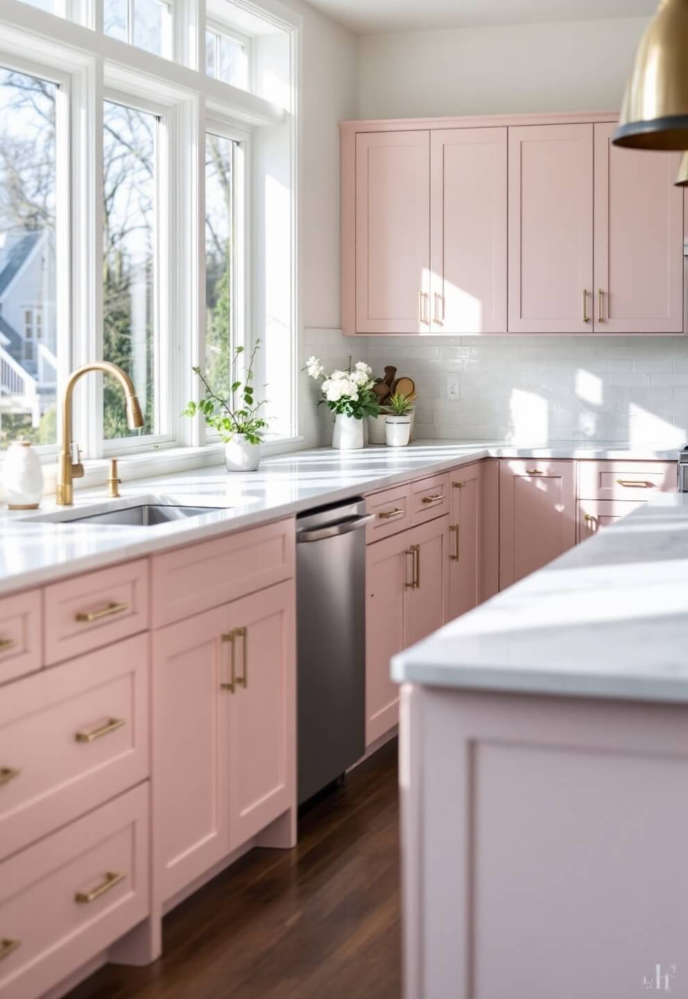 Modern kitchen with morning light, blush pink cabinets, white Carrara marble countertops, and a large island, captured at a low angle with depth emphasis.