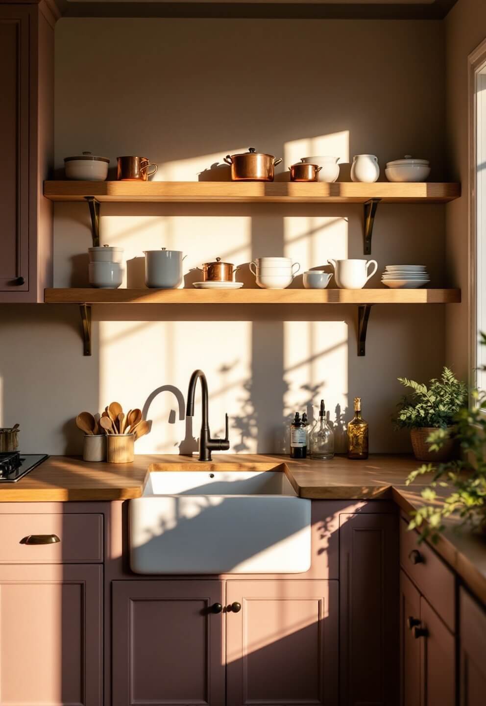 Dusty rose kitchen cabinets with natural oak open shelves filled with white ceramics and copper cookware, illuminated by golden hour sunlight.