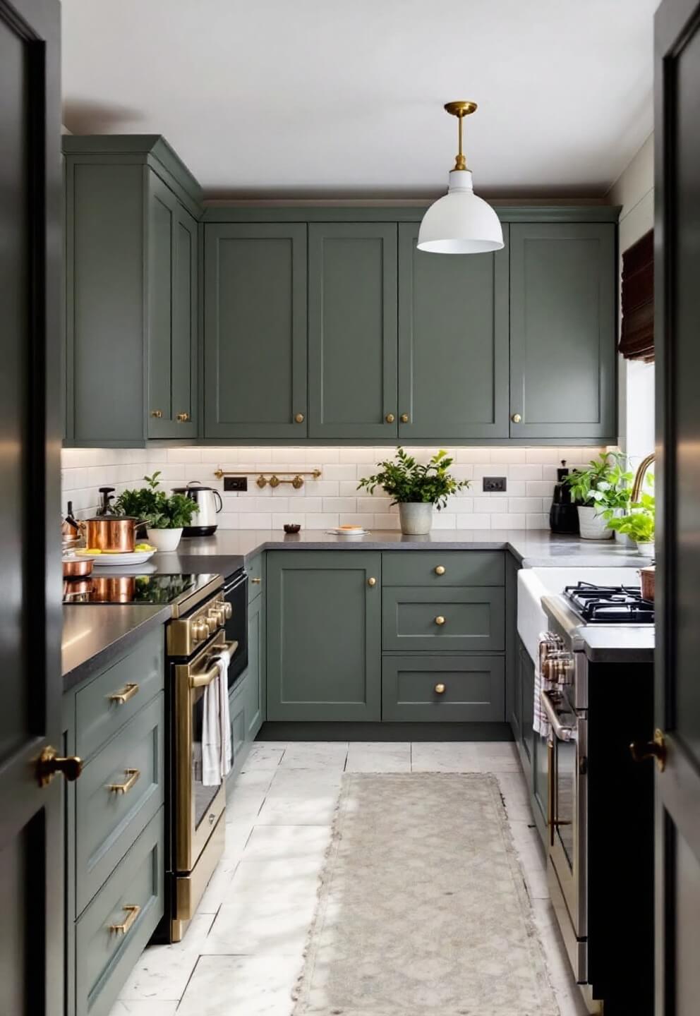 Moody kitchen with sage green shaker cabinets, soapstone counters, brass hardware, white subway tile backsplash, and copper cookware captured during blue hour