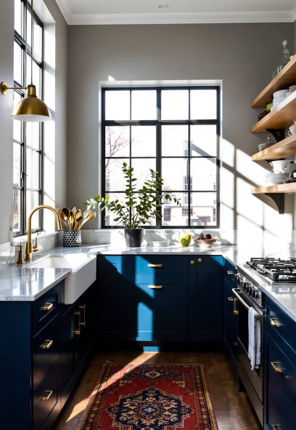 Dramatic L-shaped kitchen with navy blue lower cabinets, white uppers, marble countertops, gold fixtures, vintage runner, pendant lights, and open shelving, bathed in afternoon sunlight through steel-framed windows.