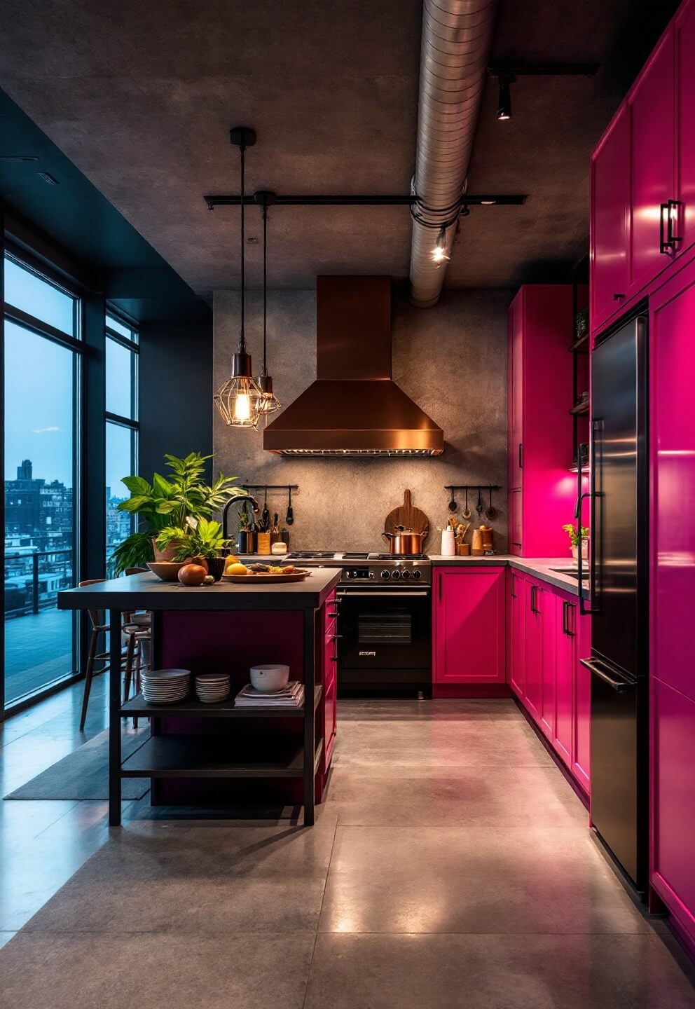 Dramatic L-shaped kitchen with high ceilings, hot pink glossy cabinets contrasting concrete floors, black metal shelves, and a statement copper hood over professional range, photographed during blue hour with artificial lighting