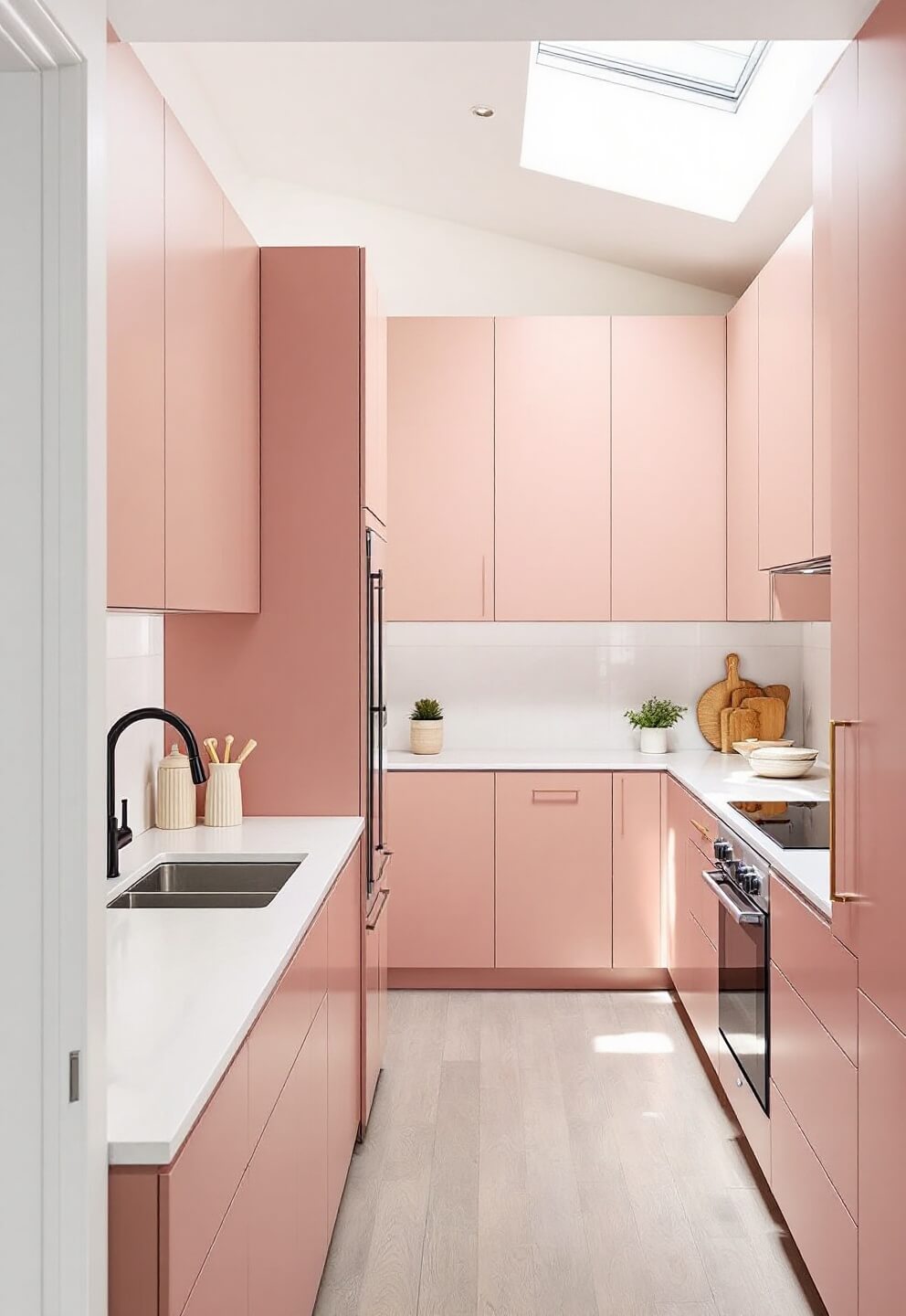 Minimalist galley kitchen with salmon pink cabinets, white quartz countertops, integrated appliances, and natural light from skylight