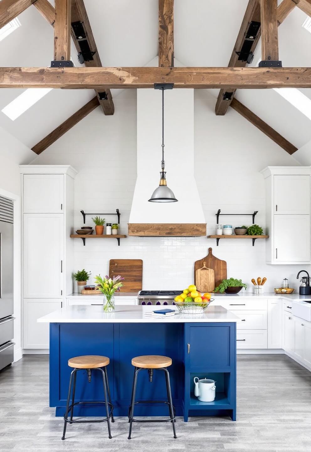 Modern farmhouse kitchen with cobalt blue island and white cabinets, exposed beams on a double-height ceiling, custom hood over range, vintage cutting boards and fresh produce, lit by skylights