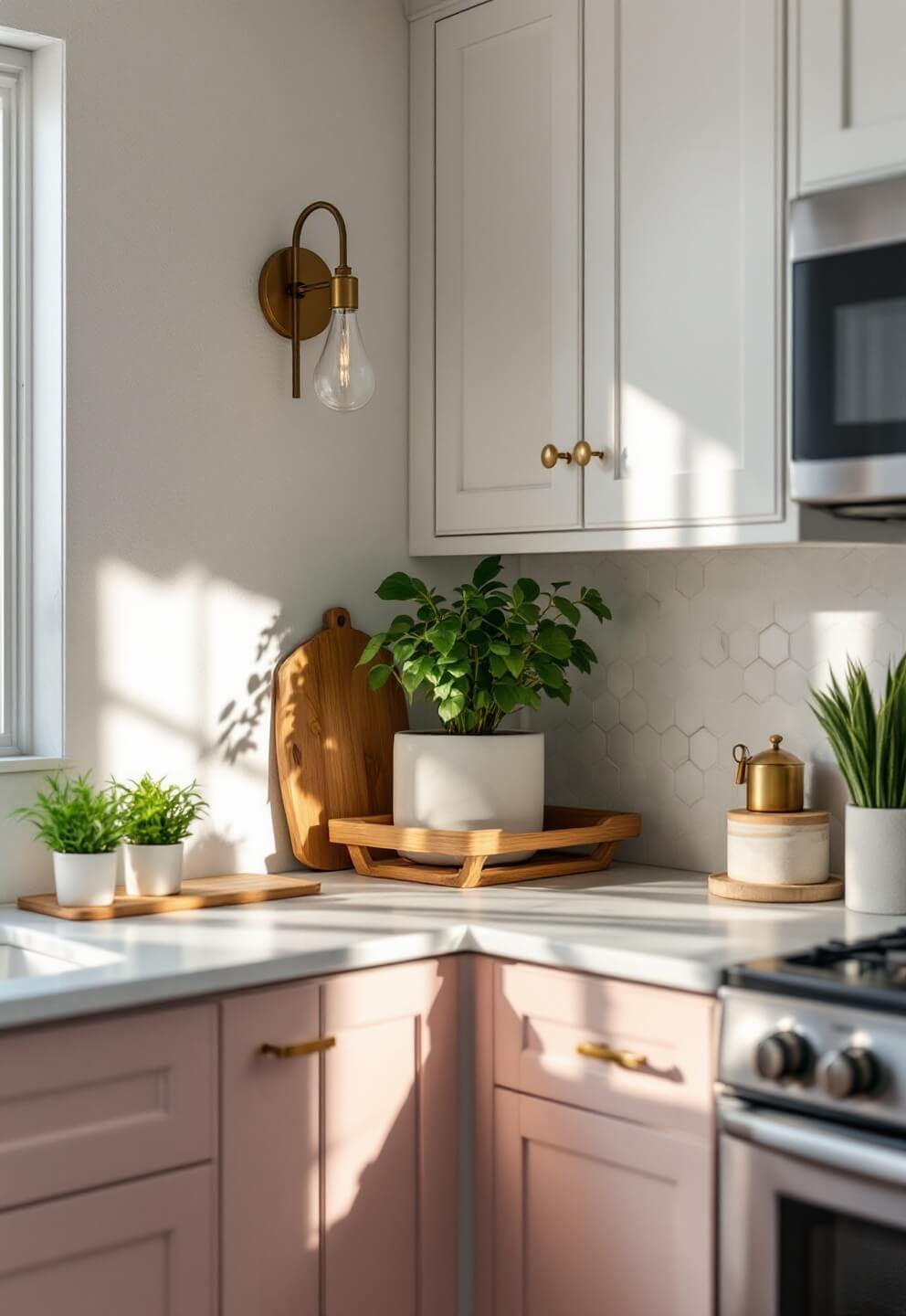 Kitchen corner with blush pink and white cabinets, marble hexagon backsplash, brass sconces, and potted herbs with morning light and focus on cabinet hardware details