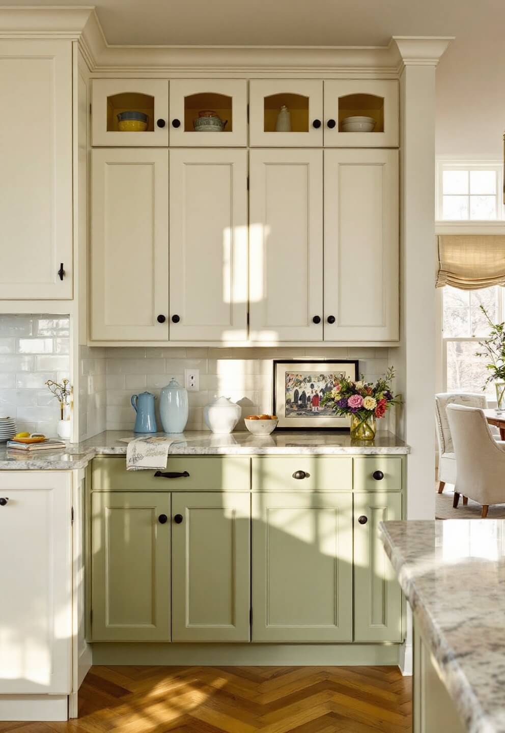 Transitional kitchen featuring two-tone cabinet design with cream and sage green color scheme, quartzite counters, golden hour lighting, pottery display, and fresh flowers arrangement