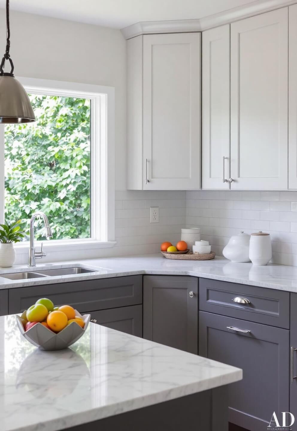 Morning light illuminating a corner kitchen with charcoal lower cabinets, light gray uppers, Carrara marble counters, chrome hardware, and styled with modern ceramics and an architectural fruit bowl