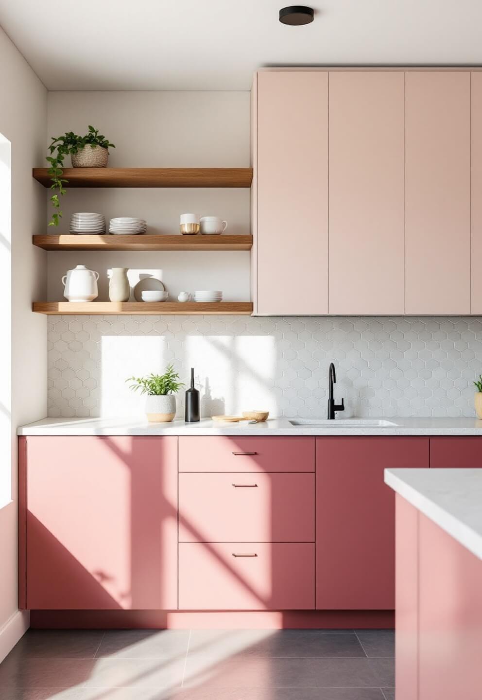 Overhead view of a modern open-concept kitchen with pale pink upper cabinets, deep rose lower cabinets, walnut floating shelves, geometric tile backsplash, and mixed metallic accents in dramatic afternoon light