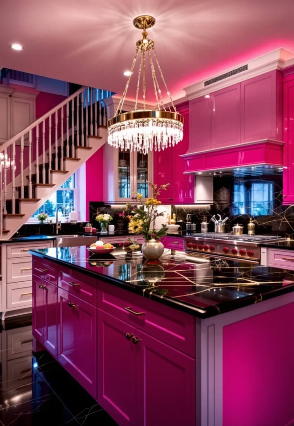 Luxe kitchen with high-gloss hot pink cabinets, gold-veined black marble countertops, mirror-finish appliances, and a crystal chandelier over 8-foot island, shot in the evening with dramatic artificial lighting from a low angle